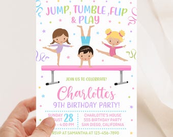 Invitación de cumpleaños de gimnasia, plantilla de gimnasia para fiestas infantiles KBD031