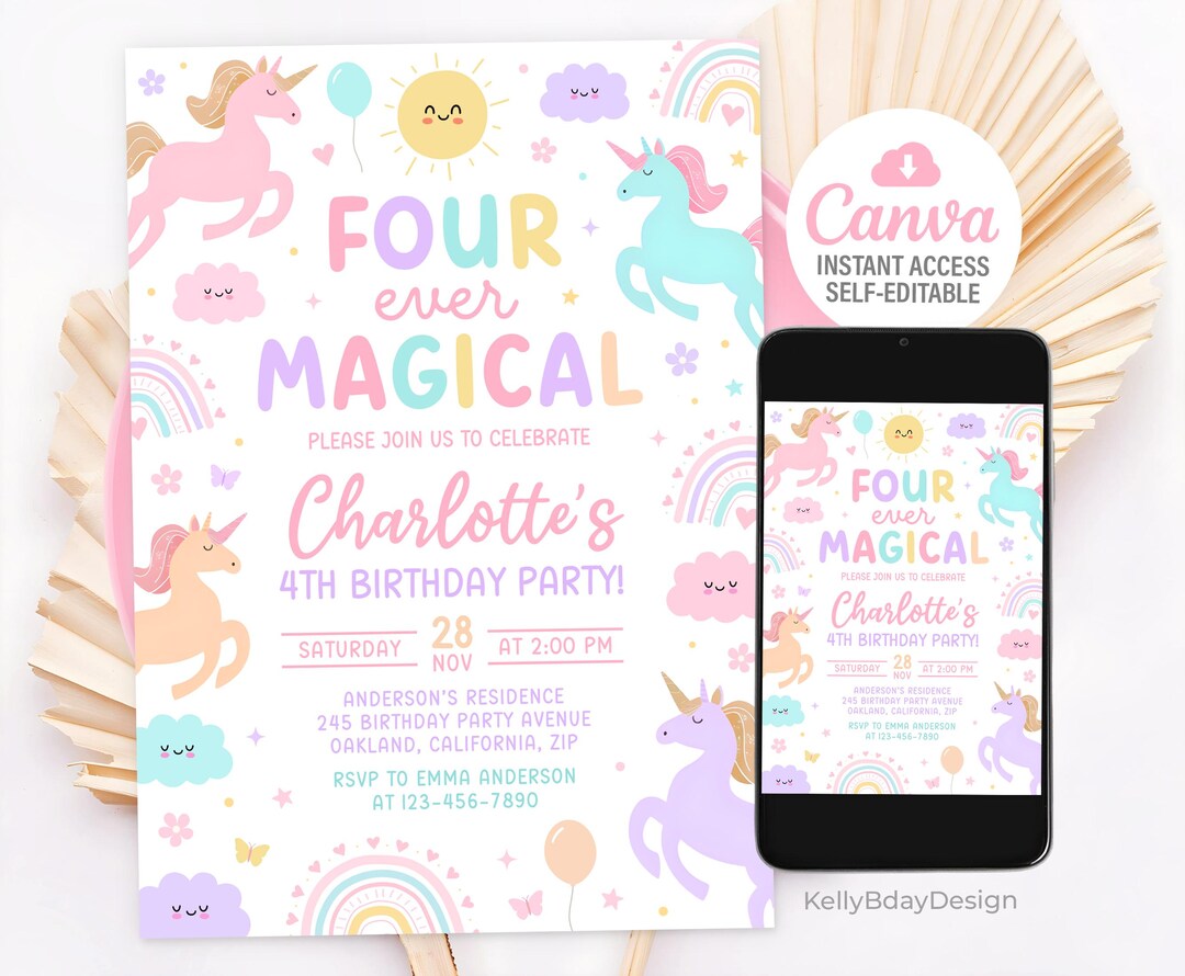 Editable Unicorn Birthday Invitation, Four Ever Magical 4th Birthday ...