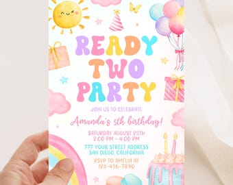 Ready Two Party uitnodiging, uitnodiging voor de 2e verjaardag van een meisje, sjabloon voor een zomerverjaardagsfeestuitnodiging KBD058