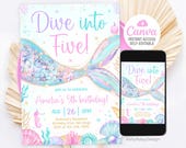 Dive into Five 5th Birthday Mermaid Invitation, Mermaid Bash Under the Sea Birthday Invite, Pink Purple Blue Mermaid Invites, Canva Template