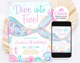 Dive into Five 5th Birthday Mermaid Invitation, Mermaid Bash Under the Sea Birthday Invite, Pink Purple Blue Mermaid Invites, Canva Template