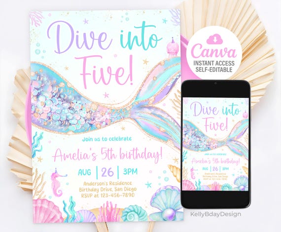 Dive into Five 5th Birthday Mermaid Invitation, Mermaid Bash Under the Sea Birthday Invite, Pink Purple Blue Mermaid Invites, Canva Template