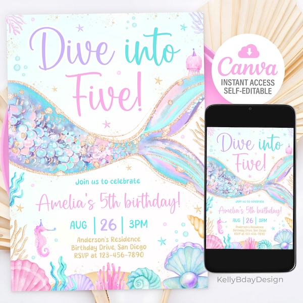 Dive into Five 5th Birthday Mermaid Invitation, Mermaid Bash Under the Sea Birthday Invite, Pink Purple Blue Mermaid Invites, Canva Template