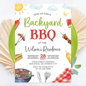May include: A white invitation with a watercolor illustration of a backyard BBQ. The invitation says "Join us for a Backyard BBQ at the Wilson's Residence" with the date and time of the event.