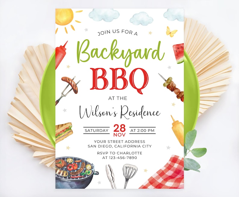 May include: A white invitation with a watercolor illustration of a backyard BBQ. The invitation says "Join us for a Backyard BBQ at the Wilson's Residence" with the date and time of the event.