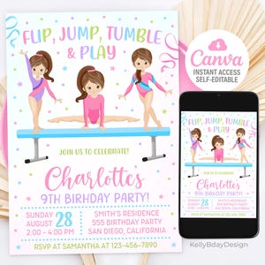 Gymnastics Birthday Invitation,  Gymnastics Party Invite, Gymnasts Birthday Invite, Editable Gymnastics Invitation, Canva Template