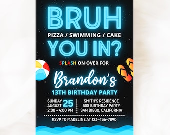 Invitación de cumpleaños para fiesta en la piscina con temática de Bruh, plantilla de invitación de cumpleaños con temática de neón "You in Any Age" (Buh, para cualquier edad) KBD024