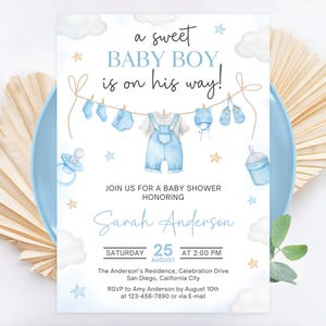 Editable Boy Baby Shower Invitation, Baby Clothes Invitation, A sweet Baby Boy is on his way Laundry Blue Baby Shower Invite, Canva Template