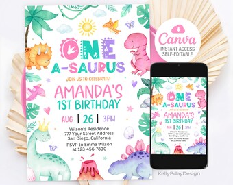 Uitnodiging voor verjaardagsfeestje dinosaurus, One-A-Saurus verjaardagsuitnodiging, 1e verjaardag dinosaurus, eerste verjaardag meisje meisje, canvassjabloon