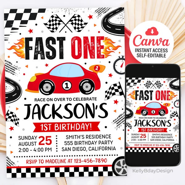 Faire-part d'anniversaire rapide, Faire-part d'anniversaire de voiture de course, Faire-part d'anniversaire rapide, Faire-parts d'anniversaire de course, Modèle sur toile