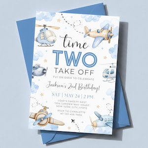 May include: A rectangular birthday invitation card featuring watercolor illustrations of light blue and tan airplanes and helicopters among clouds and stars. The text reads: time TWO TAKE OFF FLY ON OVER TO CELEBRATE Jackson's 2nd Birthday! SAT | MAY 24 | 2 PM.