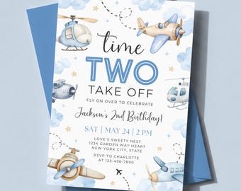 Invitación de cumpleaños de avión, Invitación de cumpleaños para niño de 2º cumpleaños "Time Two Take Off", Plantilla de invitación de cumpleaños de piloto KBD039