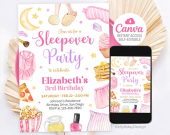 Puede incluir: Invitación a una fiesta de pijamas rosa y morada con ilustraciones de pijamas, pizza y una magdalena. La invitación incluye el texto "Sleepover Party" y los detalles del 3er cumpleaños de Elizabeth.