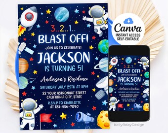 May include: A blue and black space-themed birthday invitation with a rocket, astronaut, planets, and stars. The text reads "3...2...1... Blast Off! Join us to celebrate! Jackson is turning 51. Anderson's Residence Saturday July 25th at 3pm 22 Your Astronaut Street California City, State R.S.V.P to Charlotte at 123-456-7890"