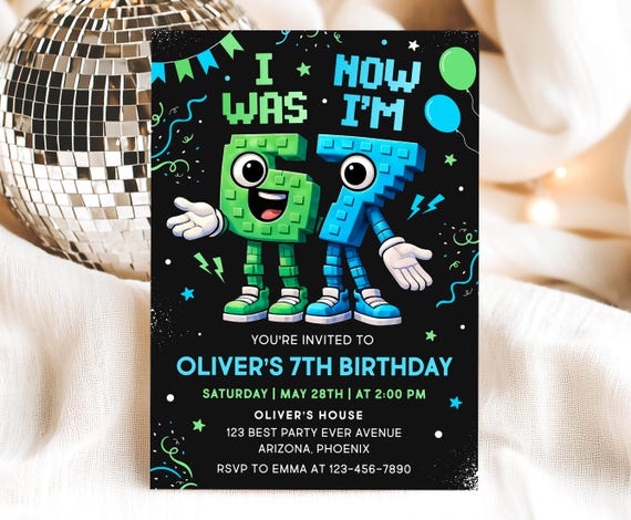 Six Seven Birthday Invitation, 7th Birthday Invite, I Was 6 Now I'm 7 Party Invitation, Canva Template