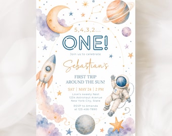 Invitación de cumpleaños "Primer viaje alrededor del sol", plantilla de invitación de primer cumpleaños con temática espacial KBD027