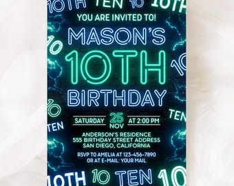 Invitación de cumpleaños número 10 con diseño neón, plantilla de invitación de cumpleaños número 10 para niño KBD044