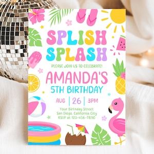 Editable Splish Splash Birthday Invitation, Girl Pool Party Invitation, Summer Birthday Party Invite, Pool Party Invites, Canva Template