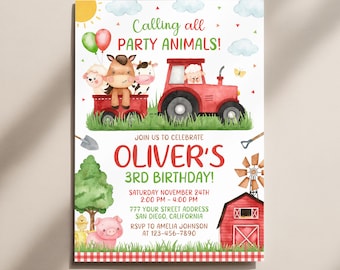 Invitación de cumpleaños con temática de granja, animales de corral. Plantilla de invitación de cumpleaños con animales KBD023