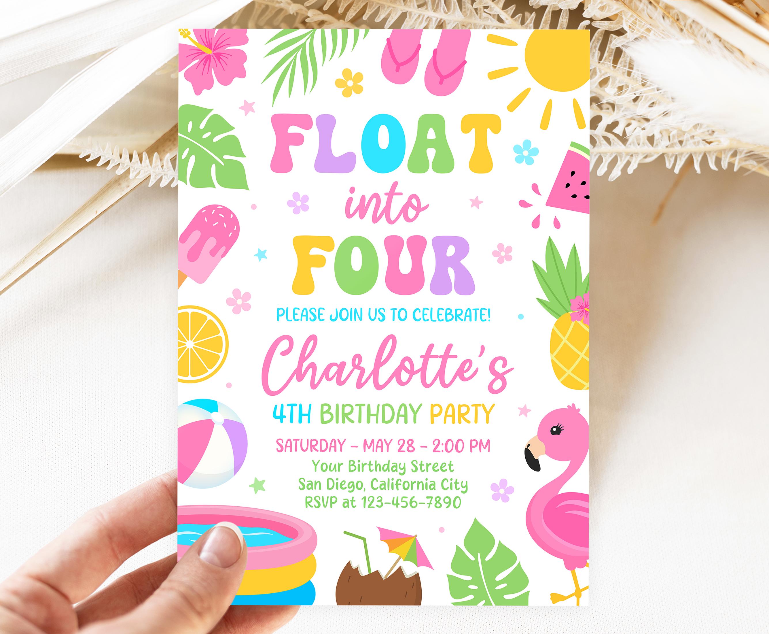Floating Invite Editable Float Into Four 4th Birthday Invitation, Pool Party Invitation ...