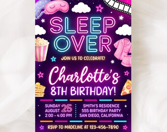 Invitación de cumpleaños con temática de pijamada neón (plantilla digital)