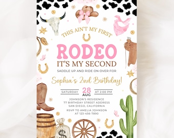 Uitnodiging voor je tweede rodeo, verjaardagskaart voor een cowgirl, sjabloon voor een uitnodiging voor je tweede rodeo (KBD030)