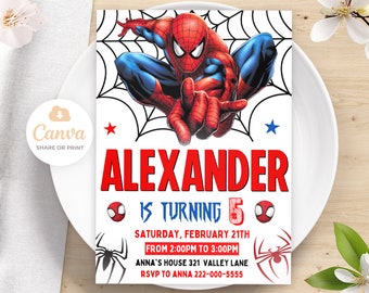 Spiderman Birthday Invitation, Printable Spiderman Invitation, Kids Birthday Party Invite, Canva Editable Invites 5x7