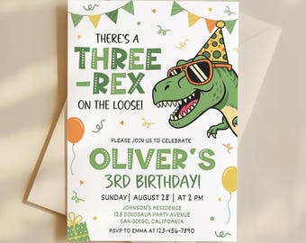 Invitación de cumpleaños de dinosaurios, plantilla de invitación de cumpleaños de Three Rex para el tercer cumpleaños KBD008