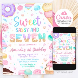 Sweet Sassy and Seven Birthday Invitation, 7th Birthday Girl Invite, Sweet Seven Birthday Invitation, Candy Sweets Donut, Canva Template