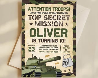 Invitación de cumpleaños militar, plantilla de invitación para fiesta de cumpleaños del ejército KBD013