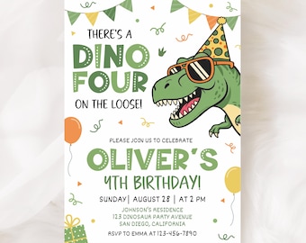 Invitación de cumpleaños número 4 con temática de dinosaurios, plantilla de invitación para fiesta de dinosaurios KBD040