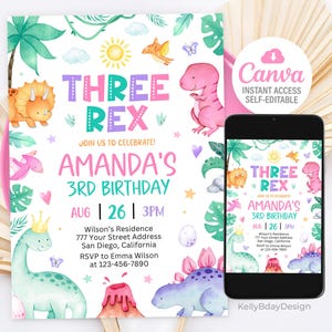 Dinosaur Birthday Party Invitation, Three Rex Birthday Invite, Dinosaur 3rd Birthday, Girl 3rd Birthday Invitation, Canva Template