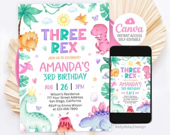 May include: A printable birthday invitation featuring a watercolor illustration of dinosaurs, a volcano, and a green leafy jungle. The text reads "Three Rex Amanda's 3rd Birthday Aug | 26 | 3PM Wilson's Residence 777 Your Street Address San Diego, California RSVP to Emma Wilson at 123-456-7890".