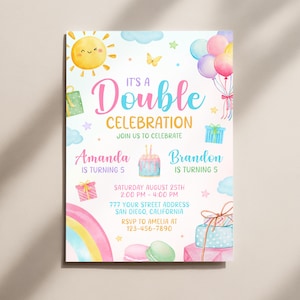 May include: A birthday invitation card featuring a watercolour design with a yellow sun, colourful balloons, gift boxes, a rainbow, and a cake. The text reads: IT'S A Double CELEBRATION, JOIN US TO CELEBRATE, Amanda IS TURNING 5, Brandon IS TURNING 5.