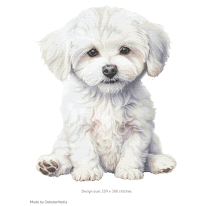 Op de afbeelding: Kruissteekpatroon van een pluizige witte hond, zittend en naar voren kijkend. De hond heeft donkere ogen en een zwarte neus. De ontwerpmaat is 239 x 300 steken. De afbeelding staat op een witte achtergrond.