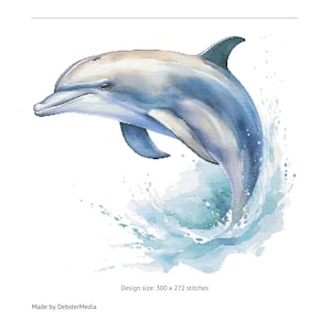 Op de afbeelding: Een aquarel schilderij van een dolfijn die uit het water springt, met een blauwe en witte spetter erachter. Ontwerpmaat: 300 x 272 steken. Gemaakt door DebsterMedia.