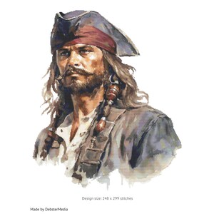 Op de afbeelding: Een aquarel van een piraat met een lange, bruine baard en haar. Hij draagt een blauwe en rode hoed en een bruin jack. De aquarel is gemaakt in een realistische stijl.