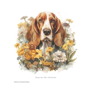 Op de afbeelding: Waterverfillustratie van een Basset Hound-hond omringd door gele en witte bloemen. De hond heeft bruine en witte vacht en lange oren. Ontwerpformaat: 300 x 300 steken.