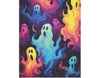 May include: A colorful cross-stitch pattern featuring multiple ghosts with glowing eyes and mouths, set against a background of swirling, abstract flames in shades of blue, purple, yellow, orange, and red.