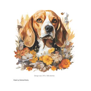 May include: A Beagle dog portrait in a watercolour style, with brown, white, and black fur. The dog is framed by orange, yellow, and white flowers. The design size is 293 x 300 stitches.