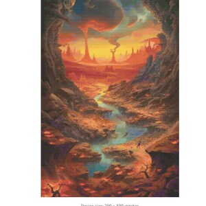 Op de afbeelding: Een digitale schildering van een fantasielandschap met een rivier die door een canyon stroomt. De lucht is een levendig oranje en geel, met een grote, draaiende wolk in het midden. De canyonwanden zijn een mix van bruin en rood, met een paar verspreide bomen. De rivier is diepblauw, en er zijn een paar kleine watervallen langs zijn loop.