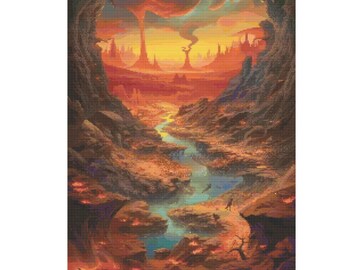 May include: A digital painting of a fantasy landscape with a river flowing through a canyon. The sky is a vibrant orange and yellow, with a large, swirling cloud in the center. The canyon walls are a mix of brown and red, with a few trees scattered throughout. The river is a deep blue, and there are a few small waterfalls along its course.
