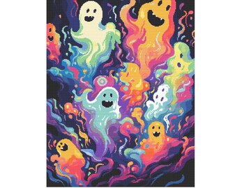 May include: A colorful digital illustration of ghosts with rainbow-colored outlines against a dark background. The ghosts are smiling and appear to be floating in the air.
