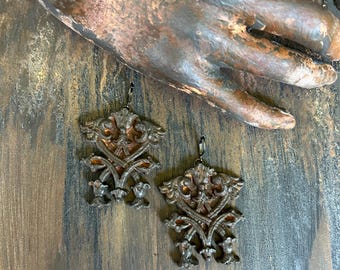 Sainte Mere II Handmade Artisan Earrings - Rusty Iron - French - Marian Auspice - Ave Maria