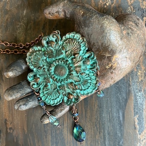Apollonia Handmade Artisan Necklace - Copper Verdigris - Apollo - Daphne - Greek Mythology - Hidden Portrait
