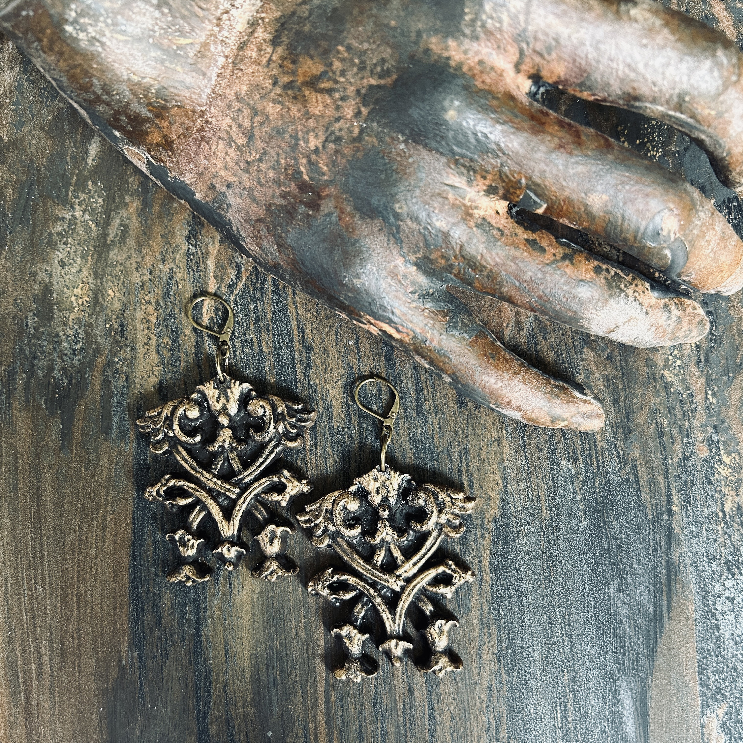 Sainte Mere Handmade Artisan Earrings - Blackened Gold - French - Marian Auspice - Ave Maria