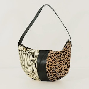 Handmade Leather Hobo Bag – Zebra & Leopard Animal Print Patchwork Shoulder Handbag