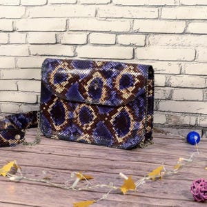 Purple Brown Leather Crossbody Bag, Python Print Mini Handbag with Chain Strap, Handmade Christmas Gift for Her, Unique Designer Bag