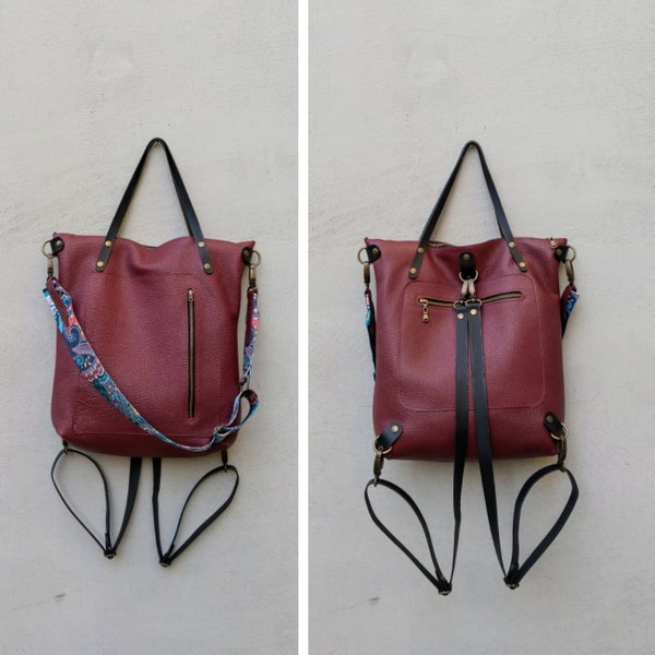 Handmade convertible backpack into purse for women , Monogram work backpack  into bag , Burgundy soft full grain leather convertible bag