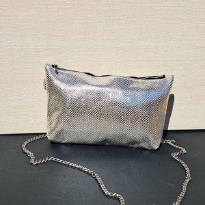 Small Silver Leather Bag | Mini Genuine Leather Purse with Chain Strap | Handmade Metallic Shoulder Bag | Luxury Evening Clutch for Her